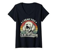 Mujer Yawn Bichon Frise Te escucho, no voy a escuchar Sunset Retro Camiseta Cuello V