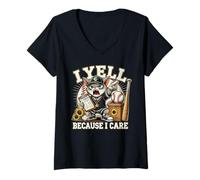 Mujer Yell Because I Care Sports Cat Meme Entrenador de béisbol Camiseta Cuello V