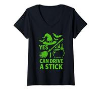 Mujer Yes I Can Drive A Stick Halloween Witch Broomstick Spooky Camiseta Cuello V
