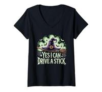 Mujer Yes I Can Drive A Stick Halloween Witch Spooky Escoba Camiseta Cuello V