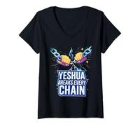 Mujer Yeshúa rompe todas las cadenas Camiseta Cuello V