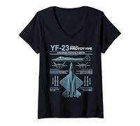 Mujer YF-23 Stealth Fighter Military Jet Spec Infografía Azul Camiseta Cuello V