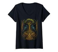 Mujer Yggdrasil Hugin Munin Valhalla Mitología Nórdica Vikingo Camiseta Cuello V
