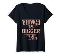 Mujer YHWH es más Grande Que tu Miedo Hebreo Christian Camiseta Cuello V
