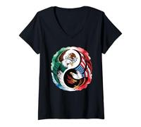 Mujer Yin Yang Eagle Mexican American Dual Heritage Art Mujeres Hombres Camiseta Cuello V