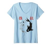 Mujer Yin Yang Koi Fish Japanese Ink Wash Traditional Asian Art Camiseta Cuello V