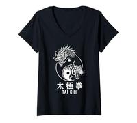 Mujer Yin Yang Tigre Dragón Tai Chi Chuan Taoísmo Espiritual Camiseta Cuello V