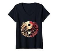 Mujer Ying Yang Retro Estética Japón Anime Máscara Kitsune Samurai Camiseta Cuello V