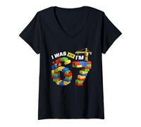 Mujer Yo era 6 Ahora Soy 7 Building Bricks 6 7 Birthday Block Builder Camiseta Cuello V