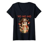 Mujer Yo Ho Ho Lindo Pirata Muñeco de Nieve Navidad Divertido Vacaciones Invierno Camiseta Cuello V