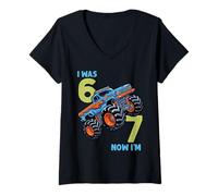 Mujer Yo tenía Seis Ahora Tengo Siete Monster Truck 67 Meme 7 cumpleaños Camiseta Cuello V