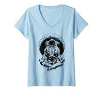 Mujer Yoga Astronauta Luna Creciente Ciencia Espacial Meditación Zen Camiseta Cuello V