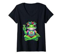 Mujer Yoga Frosch Hippie años 70 Vibe, Peace, Love & Meditation Camiseta Cuello V