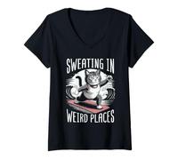 Mujer Yoga Gato Aeróbicos Gatito Sudando en Lugares Extraños Camiseta Cuello V