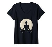 Mujer Yoga Meditación Conciencia Plena Energía Luna Equilibrio Camiseta Cuello V