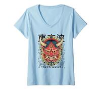 Mujer Yokai Oni Máscara Facial Diablo Demonio Japonés Tatuaje Máscara Oni Camiseta Cuello V