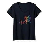 Mujer Yorkie arcoíris con latido del corazón y Paw Yorkshire Terrier Camiseta Cuello V