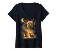 Mujer Yorkie Howling to The Moon Vintage 90s Funny Dog Pet Dueño Camiseta Cuello V
