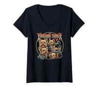 Mujer Yorkshire Terrier Perro Guardián Perro 80s Rock Music Rockstar Camiseta Cuello V