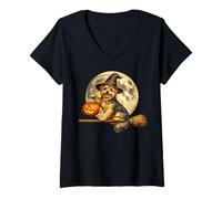 Mujer Yorkshire Terrier Yorkie Sombrero de Bruja Jack O Lantern Escoba Palo Camiseta Cuello V