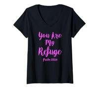 Mujer You Are My Refuge Salmo Escritura versículo bíblico Escritura Rosa Camiseta Cuello V