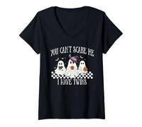 Mujer You Can't Scare Me I Have Twins Halloween Twin Mom Embarazo Camiseta Cuello V