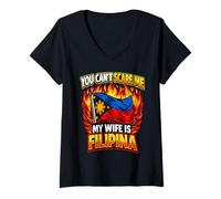 Mujer You Can't Scare Me My Wife Is Filipina Divertido Marido Humor Camiseta Cuello V