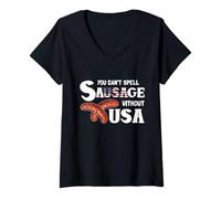 Mujer You Cant Spell Sausage Without USA 4th of July American Flag Camiseta Cuello V