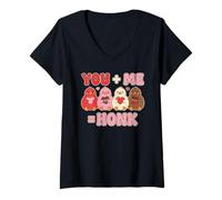 Mujer You Plus Me Equals Honk Cute Goose Valentine Kawaii Juego de Palabras Camiseta Cuello V