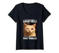 Mujer You'Re Either a Smart Fella Or a Fart Smella Funny Cat Meme Camiseta Cuello V
