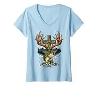 Mujer Youth Faith Camo Cross Hunting Fishing Christian Camiseta Cuello V
