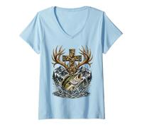 Mujer Youth Faith Camo Cross Hunting Fishing Christian Camiseta Cuello V