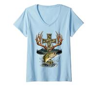 Mujer Youth Faith Camo Cross Hunting Fishing Christian Camiseta Cuello V