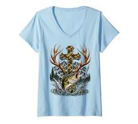 Mujer Youth Faith Camo Cross Hunting Fishing Christian Camiseta Cuello V