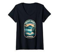 Mujer Yufuin Onsen Japón Hot Spring Lake Japanese Kanji Souvenir Camiseta Cuello V