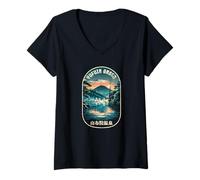 Mujer Yufuin Onsen Japón Hot Spring Lake Japanese Kanji Souvenir Camiseta Cuello V