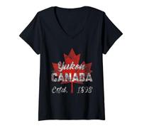 Mujer Yukon EST. 1898 Bandera de Canadá Arce Yukon Camiseta Cuello V