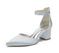 Mujer Zapatos de Salón Punta Puntiaguda Bloque Talones Bride Tobillo Zapatos de Novia de la Boda con Cremallera,Plata,39 EU