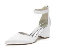 Mujer Zapatos de Salón Punta Puntiaguda Bloque Talones Bride Tobillo Zapatos de Novia de la Boda con Cremallera,Blanca,40 EU