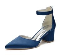 Mujer Zapatos de Salón Punta Puntiaguda Bloque Talones Bride Tobillo Zapatos de Novia de la Boda con Cremallera,Armada,38 EU