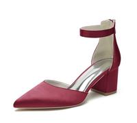 Mujer Zapatos de Salón Punta Puntiaguda Bloque Talones Bride Tobillo Zapatos de Novia de la Boda con Cremallera,Burgundy,42 EU