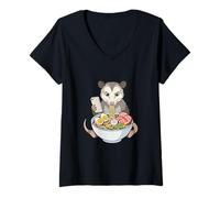 Mujer Zarigüeya Comiendo Fideos Ramen Desplazamiento Teléfono Camiseta Cuello V