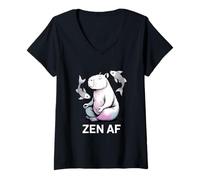 Mujer Zen AF Meditación Carpincho Postura de Yoga Espiritual Koi Camiseta Cuello V