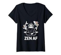 Mujer Zen AF Meditación Perezoso Postura de Yoga Espiritual Pez Camiseta Cuello V
