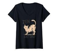 Mujer Zen Cat Dad Happy Feline estirando dueño de Mascota Camiseta Cuello V