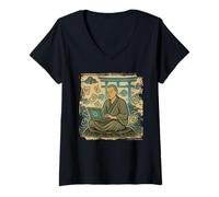 Mujer Zen Coder Monk Ukiyo-e Programador Pacífico Arte Camiseta Cuello V