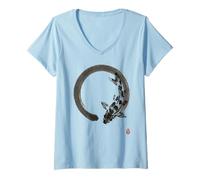Mujer Zen Koi Fish in Enso Circle Arte de Tinta Japonesa Estilo Gyotaku Camiseta Cuello V