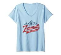 Mujer Zermatt Suiza Estación de esquí Montaña Retro Gráfico Camiseta Cuello V