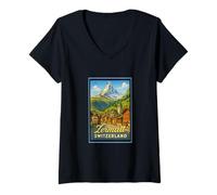 Mujer Zermatt Suiza Vintage Ski Village Poster Art Graphic Camiseta Cuello V