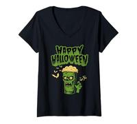 Mujer Zombier Murciélago Divertido Frase - Happy Halloween Camiseta Cuello V